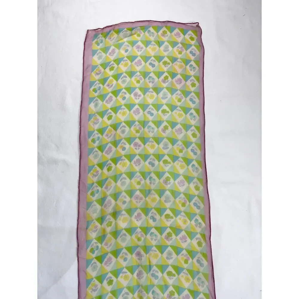 Vintage 1960s Silk Chiffon Scarf Geometric Floral Purple Green Blue Hand Rolled